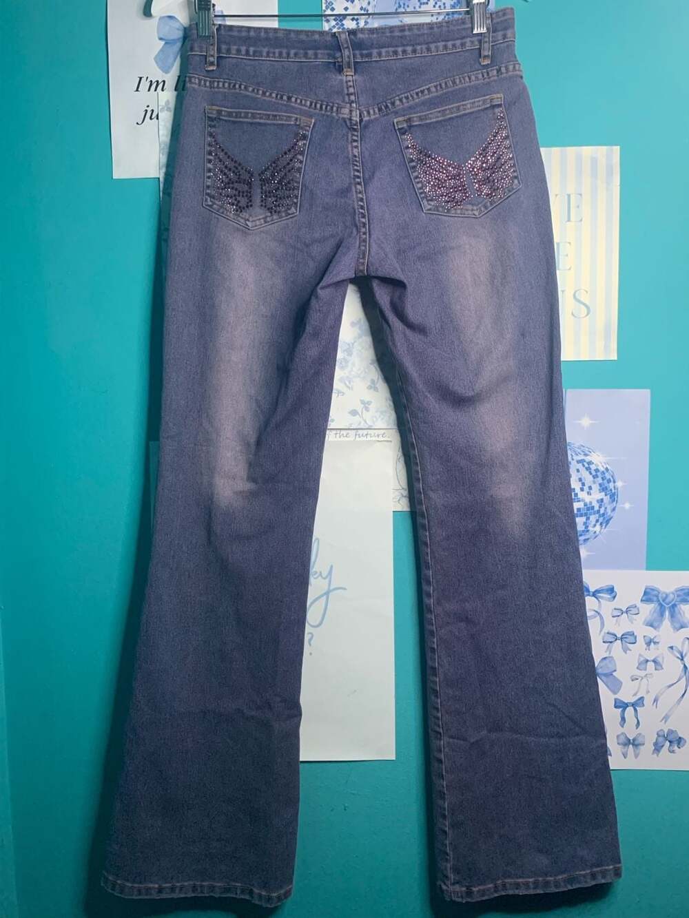 Caché Y2K Rhinestone Angel Wings Flare Jeans Blue Denim